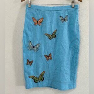 Fanm Mon Linen Embroidered Midi Skirt Butterfly 90’s Contemporary Boho Blue